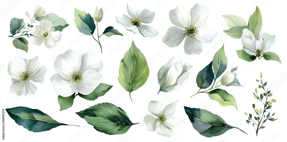 Obraz premium Watercolor White Flowers & Green Leaves Pop on White. Use for stationery, cards, wedding invitations, product design.