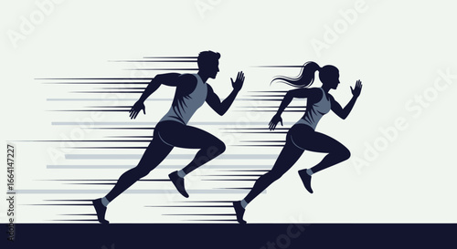 Silhouette of a man and woman sprinting with speed lines, representing motion and athleticism.