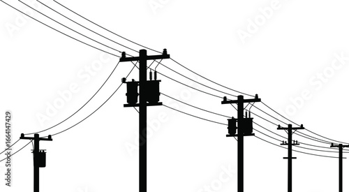 Power lines silhouette, electrical poles with wires, utility poles, transmission lines, electric infrastructure, urban power supply, electrical distribution system, utility network, energy connection.