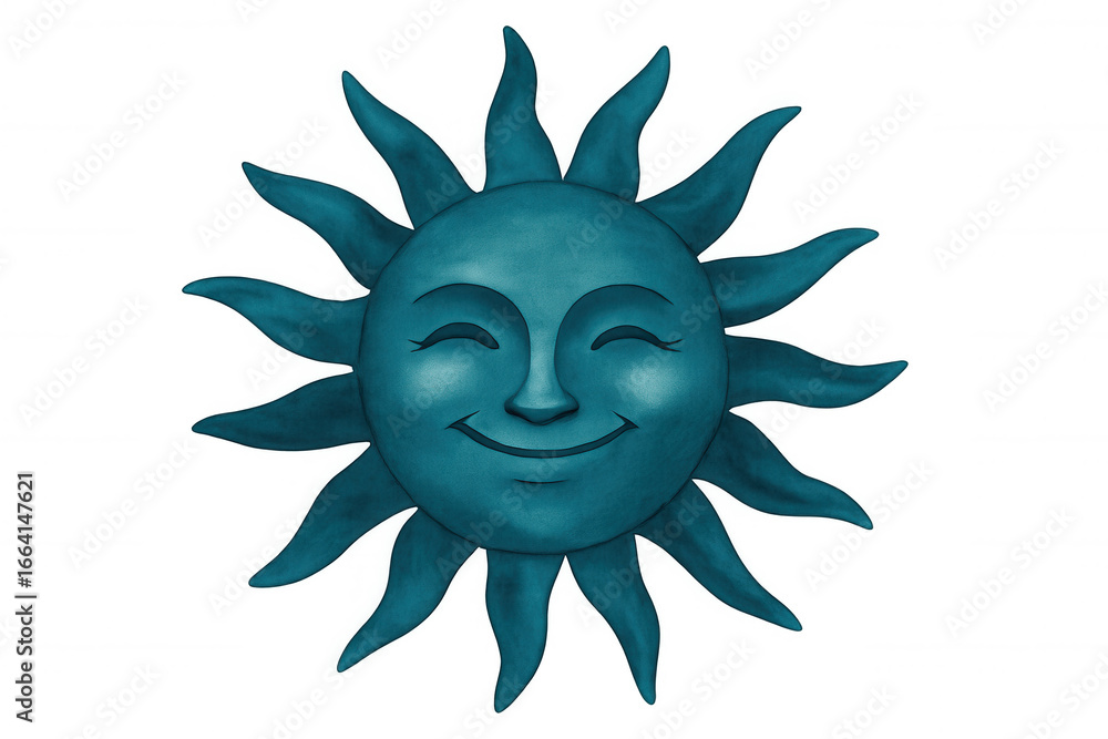 Fototapeta premium Smiling turquoise sun character with closed eyes, radiating cheerful summer warmth against transparent backdrop