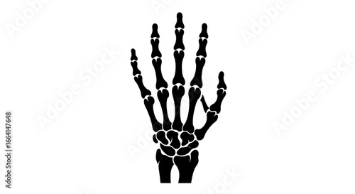 A stark black silhouette of a human skeletal hand, detailed and anatomically correct.