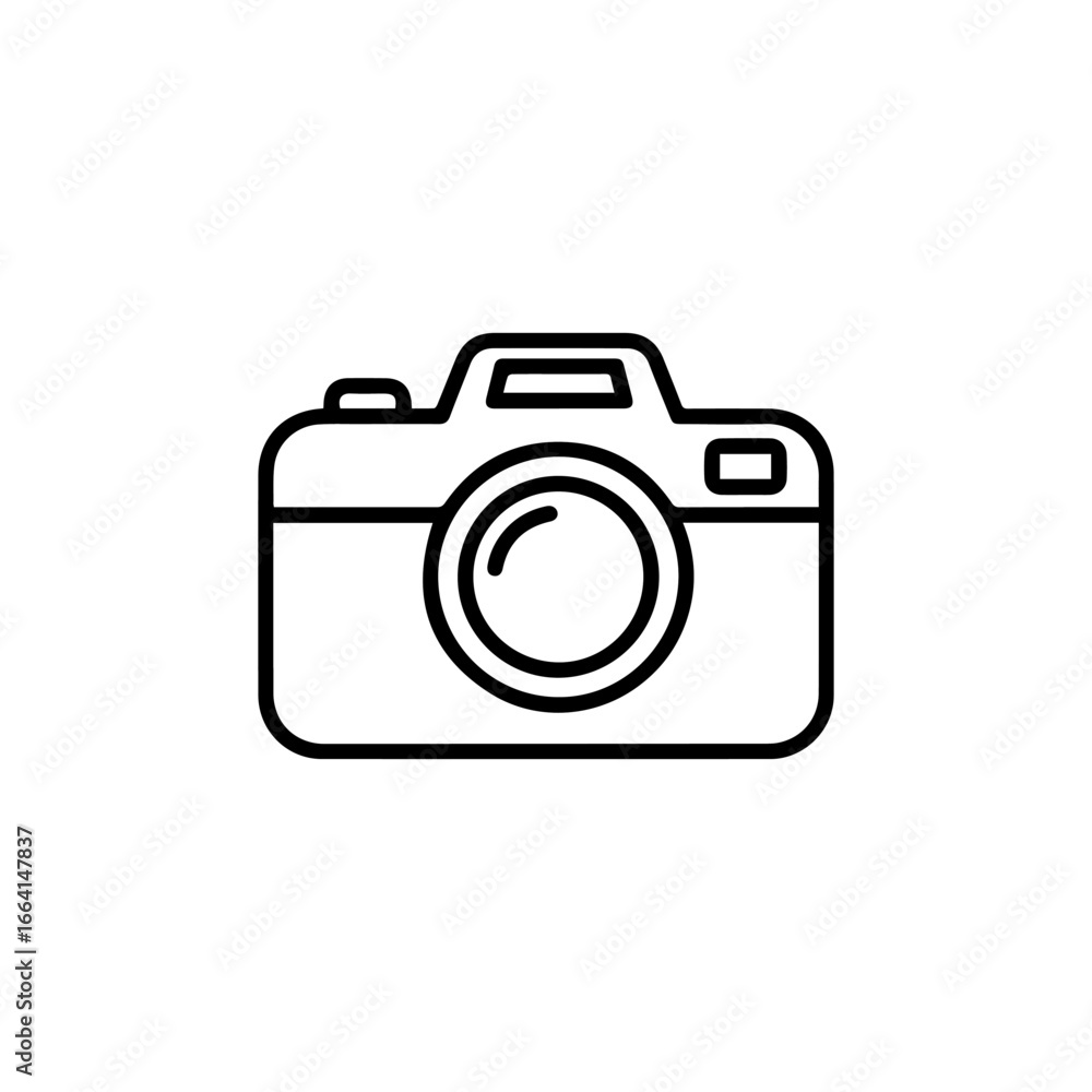 Simple black line art icon of a camera Minimalist outline illustration of a photography device with a lens and shutter button. Simple black line art icon of a camera Minimalist outline illustration of a photography device with a lens and shutter button.