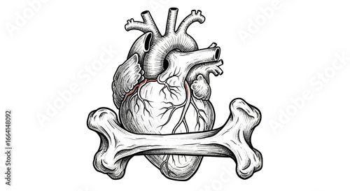 Anatomical illustration of a heart supported by a bone, likely a symbolic representation of life and death.
