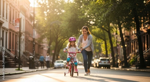 Wallpaper Mural Mother teaching her happy daughter to ride a bicycle on a beautiful sunlit urban street during a bright morning Torontodigital.ca