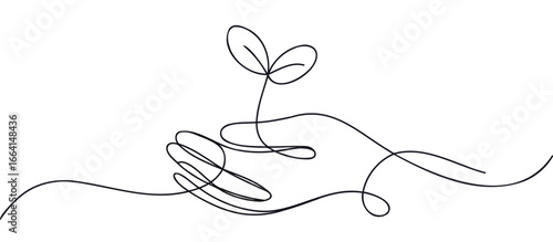 Minimalist continuous line drawing of human hand holding sprouting plant, symbolizing growth, care, sustainability, and environmental awareness