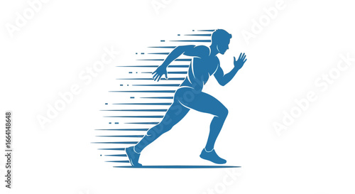 Silhouette of a male athlete sprinting, showcasing speed and motion with dynamic lines.
