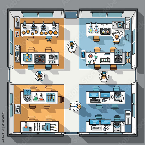 Conceptual illustration of a scientific laboratory floor plan with researchers and equipment working with advanced technology