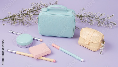 Cosmetic Pastel travel bags and beauty accessories on lavender background, makeup, beauty, fashion, travel, accessory