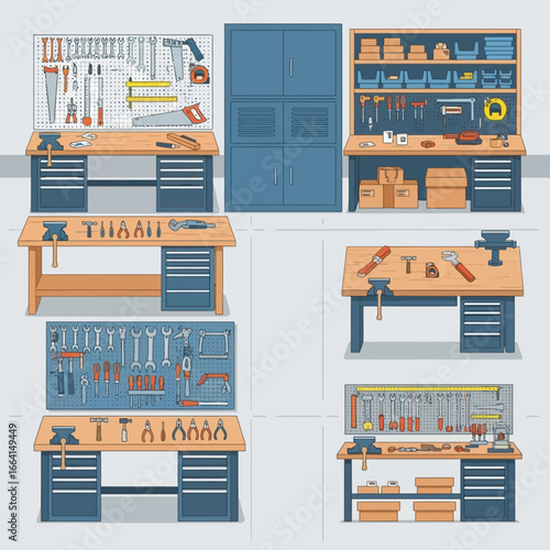 Illustrated set of garage workspaces featuring tool organization on pegboards and shelves for handyman tasks