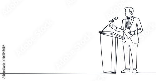 Minimalist continuous line drawing of businessman speaking at podium with microphone, symbolizing leadership, communication, and public speaking