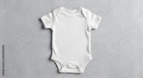 Top view of a plain white cotton baby onesie laid flat on a grey textured surface, a blank apparel mockup for design presentation