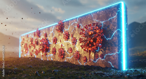 COVID-19 virus particles breach a glowing protective wall, representing the challenges of containing widespread disease and the need for robust health strategies