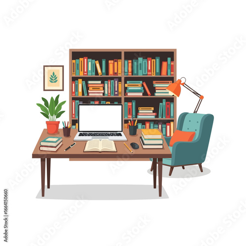 Organized home office interior design concept for remote work. Flat vector illustration of a desk with a laptop and a large bookcase