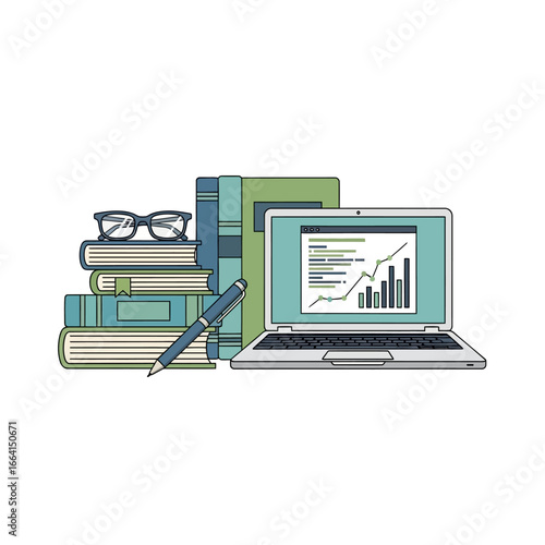 Digital data analysis for business growth, illustrated by a laptop showing charts and a stack of textbooks for modern education and research