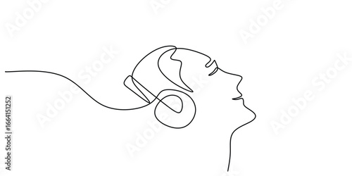 One Line Drawing of Head with Headphones for Music Therapy Concept