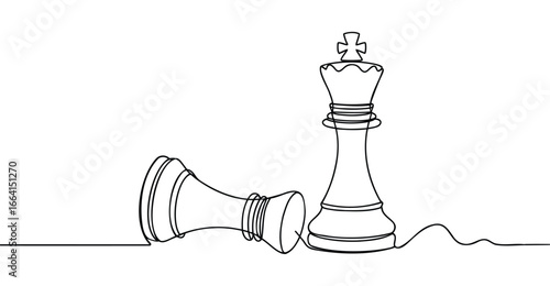 Minimalist continuous line drawing of chess king standing and fallen pawn, symbolizing strategy, leadership, victory, and decision-making