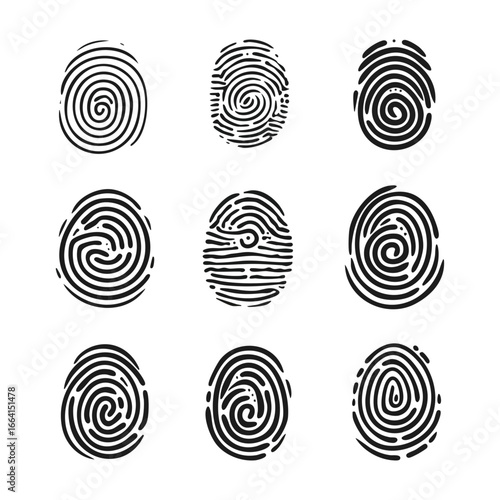 Collection of Black and White Fingerprints in Various Spiral Patterns for Identity and Security Concept