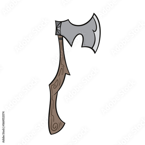 Cool shaped hand Axe tool or weapon with wooden handle colorful illustration isolated on square white background.