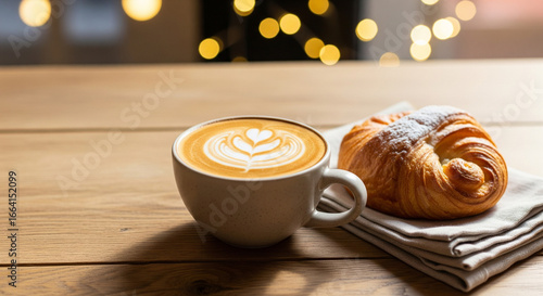 Warm rustic café scene with latte art coffee and golden pastry on wood table