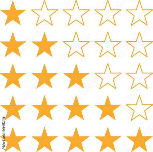 Five rows of golden stars showing star ratings from one to five stars showing concept of customer feedback and quality illustration