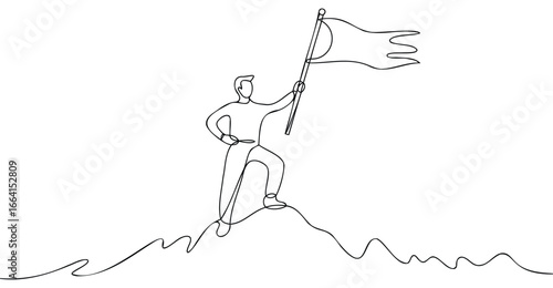 Minimalist continuous line drawing of man standing on mountain peak holding flag, symbolizing achievement, success, and leadership