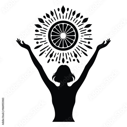 Silhouette of woman raising hands to sun symbol representing nutrition and wellness coaching 