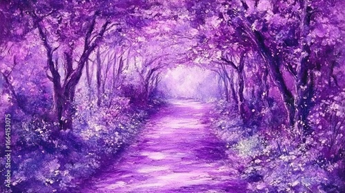 Enchanting amethyst path: A serene stroll through a dreamlike purple forest scenery