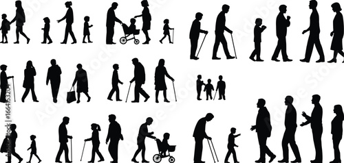 Silhouettes of people walking, families with children, elderly with canes, intergenerational interaction, community life, social connection, parent-child bonding moments