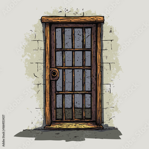 Cartoon vector doodle drawing illustration of prison or jail door made from iron bars casting shadow
