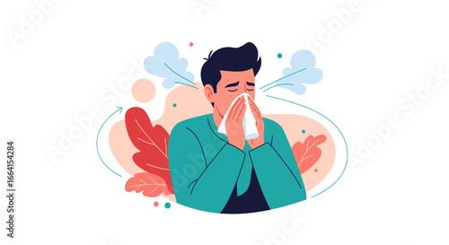 Man with a cold sneezing into a tissue surrounded by steam and leaves representing allergy symptoms and illness