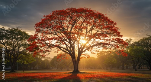 Majestic Flamboyant Tree Illuminated by a Golden Sunrise Amidst a Vibrant Landscape