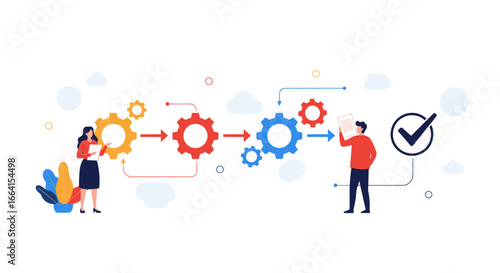 Visualizing the step by step process of workflow management and project completion with business people