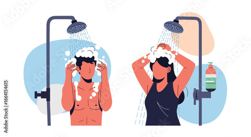 Two people enjoying a refreshing shower with shampoo and water cleansing their hair and bodies creating a feeling of cleanliness and relaxation in a bright and modern bathroom setting