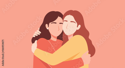 Minimalist Vector Illustration of Two Women Embracing in Warm Earth Tones