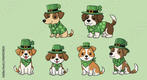 Cute Dog Vector Illustration Set with St Patricks Day Hats and Green Accessories in Cartoon Style