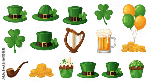 Illustration Vector Set with St Patricks Day Icons Green Hats Shamrocks Beer and Gold Coins