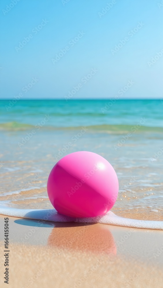 Naklejka premium Pink ball on a sandy beach with gentle waves ocean