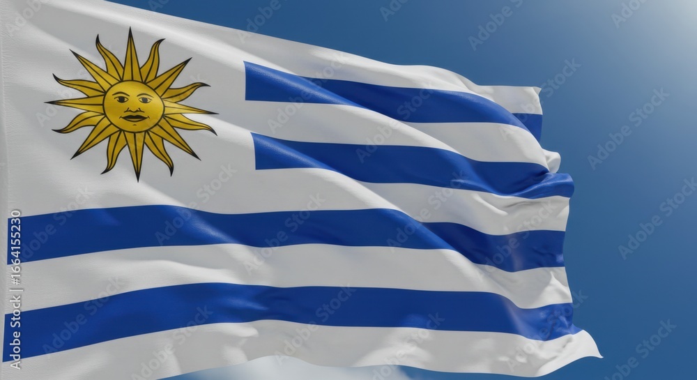 Obraz premium Waving Flag of Uruguay Against a Clear Blue Sky Capturing National Pride and Identity