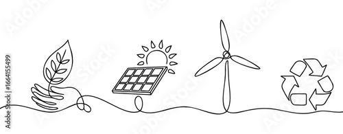 Continuous line drawing of eco-friendly icons including leaf, solar panel, wind turbine, and recycle symbol representing sustainability and green energy