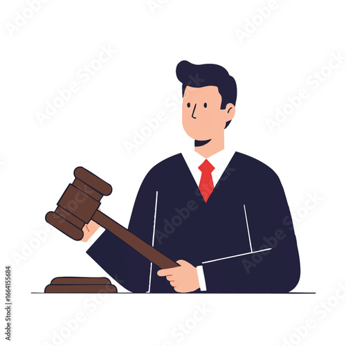 A striking 2D flat vector illustration depicts a judge holding a gavel, rendered with minimalist solid colors and clean lines, isolated on a pure white background, representing legal authority.
