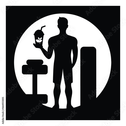 Silhouette of man holding smoothie with fitness equipment in bright circle symbolizing health and wellness 
