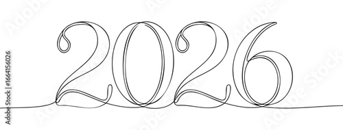 Continuous line drawing of stylized number 2026, representing new year, celebration, future planning, calendar, and annual milestones