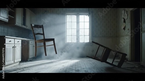 Two wooden chairs levitate in a dusty, abandoned kitchen, creating a surreal atmosphere.