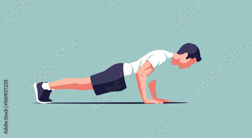 Man performing a standard push-up exercise, showcasing fitness and strength training.