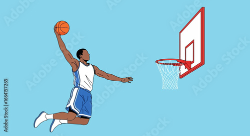 A basketball player in mid-air, about to dunk the ball into the hoop.
