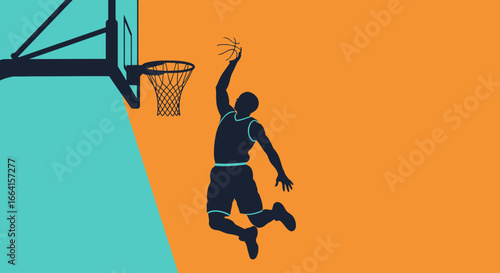 Silhouette of a basketball player in mid-air, dunking the ball into a hoop, against a teal and orange background.