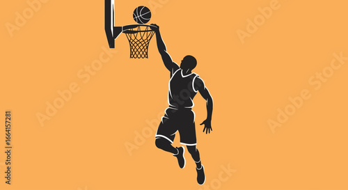 Silhouette of a basketball player performing a slam dunk, scoring points in a game.