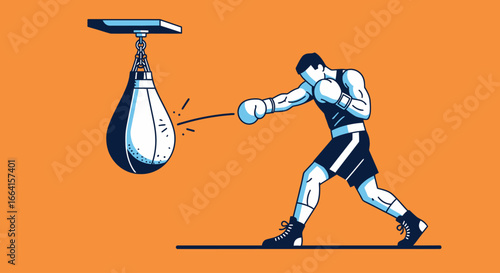 Boxer powerfully punches heavy bag during intense training session.