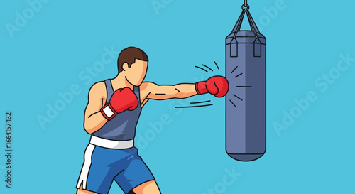 Vector illustration of a determined male boxer in athletic gear training with a heavy punching bag, practicing his jab and cross for a fight