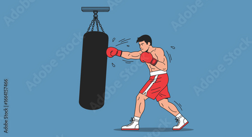 Man in boxing stance, punching a heavy bag, illustration.